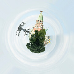 Aerial summer city view with Complex of buildings of the Moscow Kremlin,blue sky. Little planet sphere mode. Spherical panorama of the city