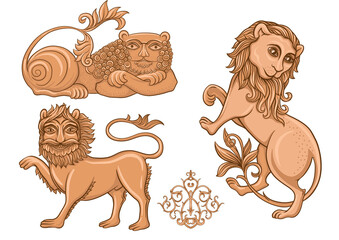 Byzantine traditional historical motifs of animals, birds, flowers and plants Clip art, set of elements for design Vector illustration.