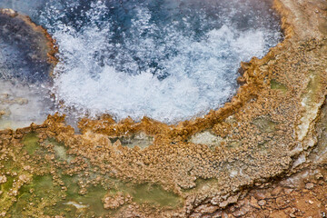 Up close to bubbling hot spring pool in Yellowstone