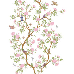 Obraz na płótnie Canvas Camellia blossom tree With sparrow, finches, butterflies, dragonflies. Seamless pattern, background. Vector illustration. In botanical style