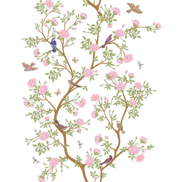 Camellia blossom tree With sparrow, finches, butterflies, dragonflies. Seamless pattern, background. Vector illustration. In botanical style