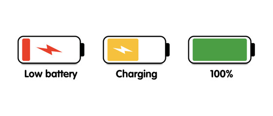 Battery icons set. Battery charging charge indicator icon. Level battery energy. Flat style, stock vector