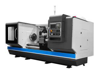 Manufacturing professional lathe machine . Industrial concept. Programmable modern digital lathe...
