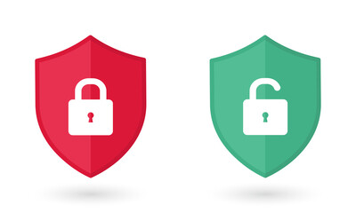 Padlock icon flat, locked and unlocked, flat design vector illustration. Shield security with lock symbol. Protection, safety, password security