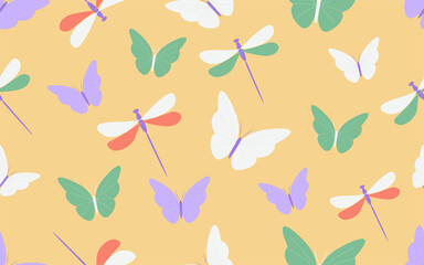 Dragonfly and butterfly colorful seamless pattern