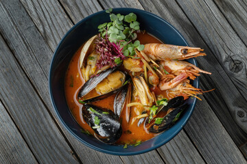 Hot Tom Yum soup with shrimps, various shellfish and microgreens. Top view