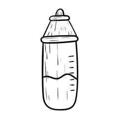 Baby drinking bottle with pacifier, vector isolated doodle illustration.