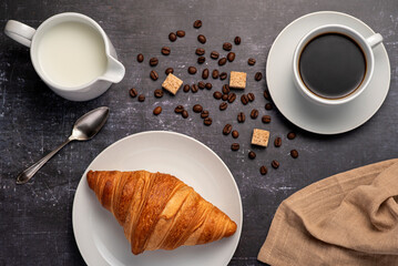 Food photography of croissant, coffee, breakfast, milk, coffee beans