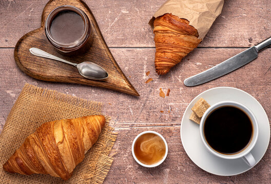 Food photography of croissant, coffee, breakfast, chocolate cream