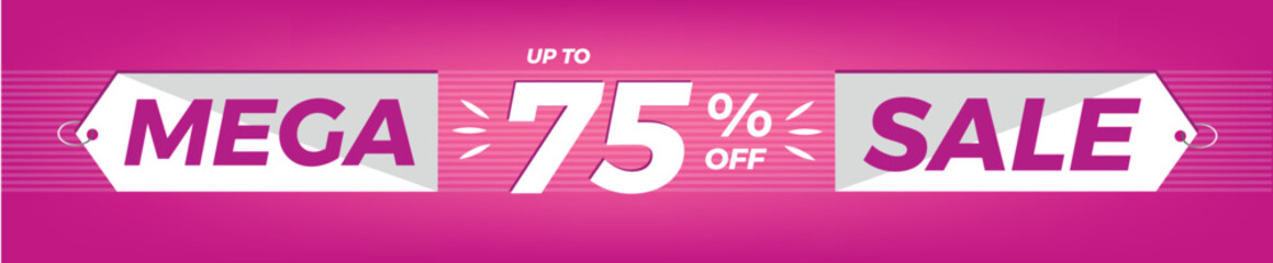 75% off. Horizontal pink banner. Advertising for Mega Sale. Up to seventy-five percent discount for promotions and offers.