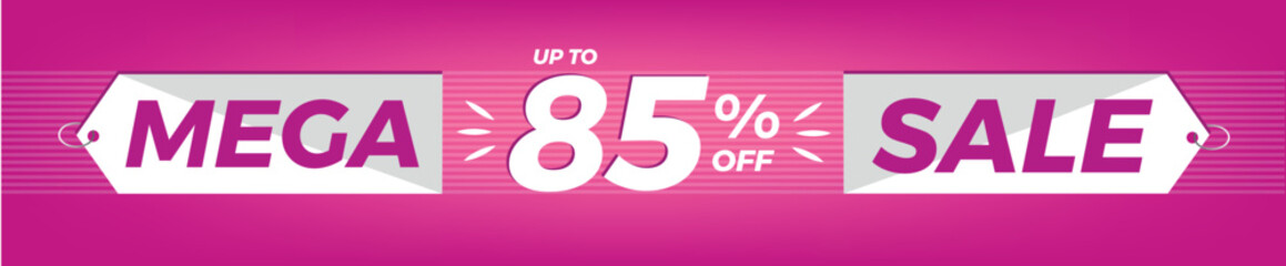 85% off. Horizontal pink banner. Advertising for Mega Sale. Up to eighty-five percent discount for promotions and offers.