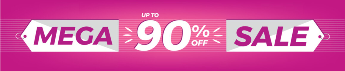 90% off. Horizontal pink banner. Advertising for Mega Sale. Up to ninety percent discount for promotions and offers.