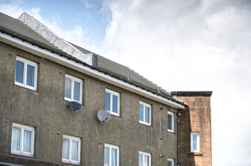 Derelict council house in poor housing estate slum with many social welfare issues in Port Glasgow