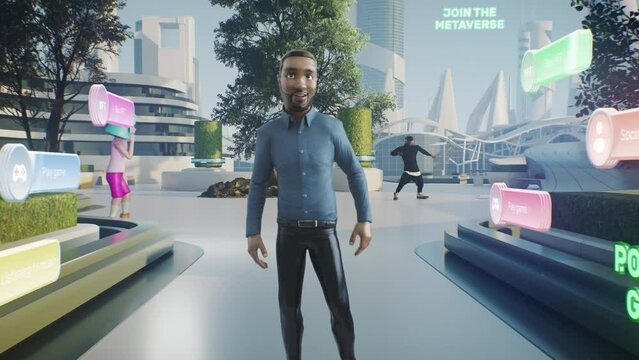 Avatar of person in the virtual city of metaverse, with the selection menu and other people around him, he takes off his vr head set and appears in the real room and looks at the camera smiling.