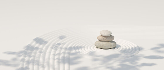 Japanese zen garden stone balance on nature light white background.for branding and product presentation.3d rendering illustration. - obrazy, fototapety, plakaty