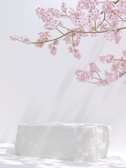 japanese style architect and sakura tree with podium white background. 3d rendering for presentation branding, product, cosmetic and illustration. © allme3d