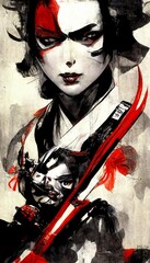 Japanese samurai girl depicted in red and black colors in the old style. Concept of Japanese painting and graphics. - obrazy, fototapety, plakaty