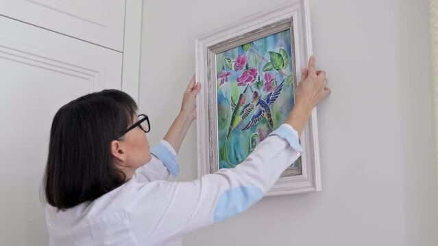 Woman Hanging Floral Birds Art Framed At Home On The Wall