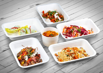A set of healthy food dishes in ecological packaging on a wooden background. Food delivery. Takeaway.
