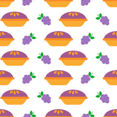 Pie seamless pattern. Homemade pie with blueberry on white background. Traditional American pies with fruit filling. Flat design for fabric, wrapping paper, wallpaper. Vector illustration
