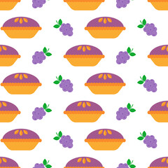 Pie seamless pattern. Homemade pie with blueberry on white background. Traditional American pies with fruit filling. Flat design for fabric, wrapping paper, wallpaper. Vector illustration