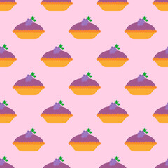 Pie seamless pattern. Homemade pie with blueberry. Traditional American pies with fruit filling. Flat design for fabric, wrapping paper, wallpaper. Vector illustration © Irina Klymenko