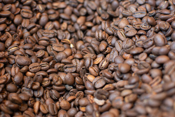Coffee beans. Toasted coffee. Coffee bag. Brown

