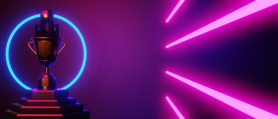 champion cup award tournament, video game of scifi gaming red blue vs e-sports backgound, vr virtual reality simulation and metaverse, scene stand pedestal stage, 3d illustration rendering © issaronow