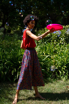 Fashion playful portrait with soap bubbles