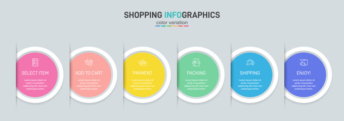 Concept of shopping process with 6 successive steps. Six colorful graphic elements. Timeline design for brochure, presentation, web site. Infographic design layout.