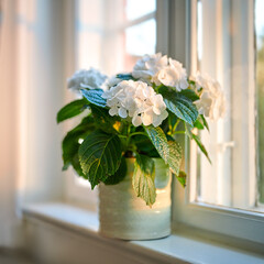 Beautiful white hydrangeas displayed in a vase on a windowsill old at home. Pretty flowers in a jar...