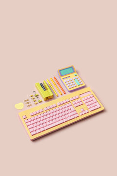 Office supplies of keyboard, calculator, staplers and pins