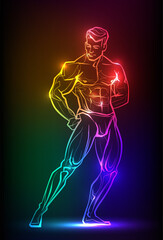 Bodybuilder muscle man fitness posing. Banner with neon silhouette of sexy man figure, beautiful silhouettes, nightclub, striptease, sex shop advertisement, vector illustration - 518379556