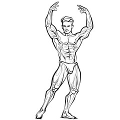 Fitness men pose by showing his athletic body. Hand Drawing  Illustration Image