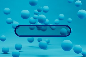 abstract background. blue balls flying on a blue background. browser search bar in the middle. searching for information on the Internet. beautiful desktop. 3d render. 3d illustration