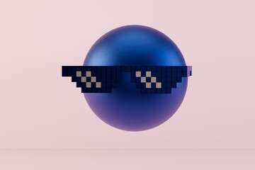 icon of a blue serious emoticon in black pixel glasses on a pink pastel background. 3d render. 3d illustration
