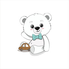 Cute cartoon polar teddy bear with a toy. Vector illustration