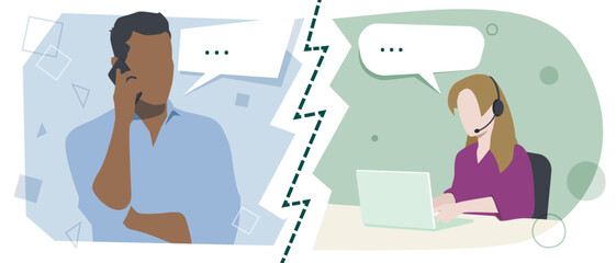 Two people talking on the phone. A man and a woman in different places having a call. The girl talks on a headset and the boy on a cell phone.