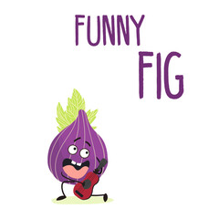 Vector illustration of funny character, cheerful fig plays the ukulele, guitar. T-shirt design for kids, summer time, summer mood. vector illustration. The inscription Funny fig.