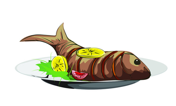 brown fish dish with lemon and tomato clip art preview