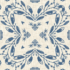 French blue floral french printed fabric pattern for shabby chic home decor style. Rustic farm house country cottage flower linen seamless background. Patchwork quilt effect motif tile. © Limolida Studio