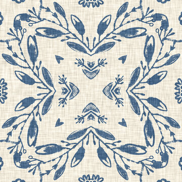 French blue floral french printed fabric pattern for shabby chic home decor style. Rustic farm house country cottage flower linen seamless background. Patchwork quilt effect motif tile.