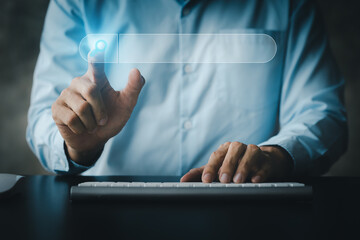 Person pointing to search box hologram graphic, search engine information, Internet browsing through web browsers, online search technology, Search Engine Optimization. Website search concept.