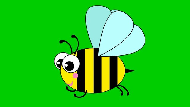 Animated funny bee. The happy bee flies. Looped video. Flat vector illustration isolated on a green background.
