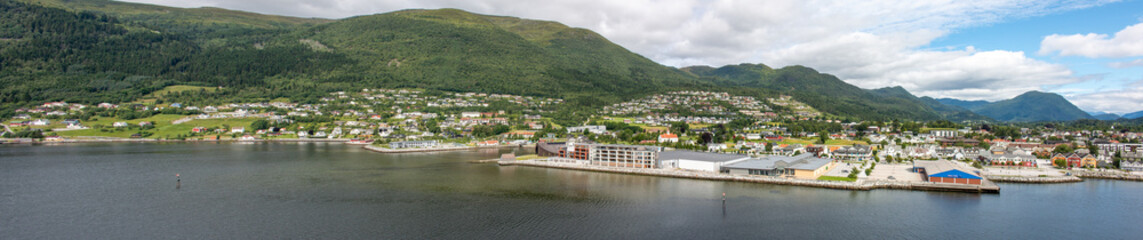 Fototapeta na wymiar Nordfjordeid Panorama view from harbor Vestland in Norway (Norwegen, Norge or Noreg)
