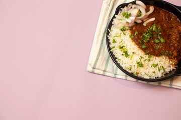 Punjabi Chhole Also Known As Chhola Masala Sabji Amritsari Chole Sabzi Masaledar Chana Chola Or Chickpeas Veg Curry Made Of Chick Peas Onion Tomato And Spices. Served With Boiled Basmati White Rice