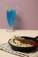 Punjabi Chhole Also Known As Chhola Masala Sabji Amritsari Chole Sabzi Masaledar Chana Chola Or Chickpeas Veg Curry Made Of Chick Peas Onion Tomato And Spices. Served With Boiled Basmati White Rice