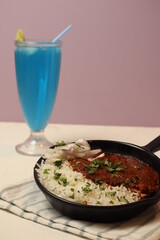Punjabi Chhole Also Known As Chhola Masala Sabji Amritsari Chole Sabzi Masaledar Chana Chola Or Chickpeas Veg Curry Made Of Chick Peas Onion Tomato And Spices. Served With Boiled Basmati White Rice