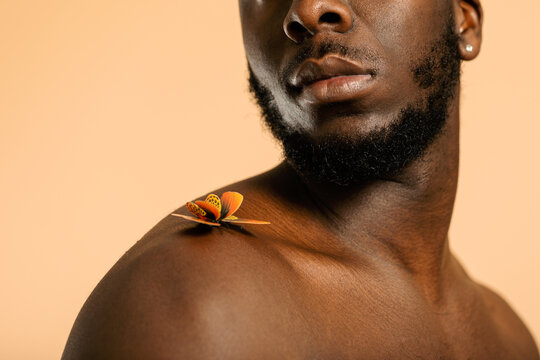 Cropped african model man with butterfly portrait