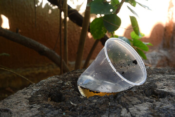 abandoned plastic packaging with stagnant dirty water inside. close view. mosquitoes in potential...